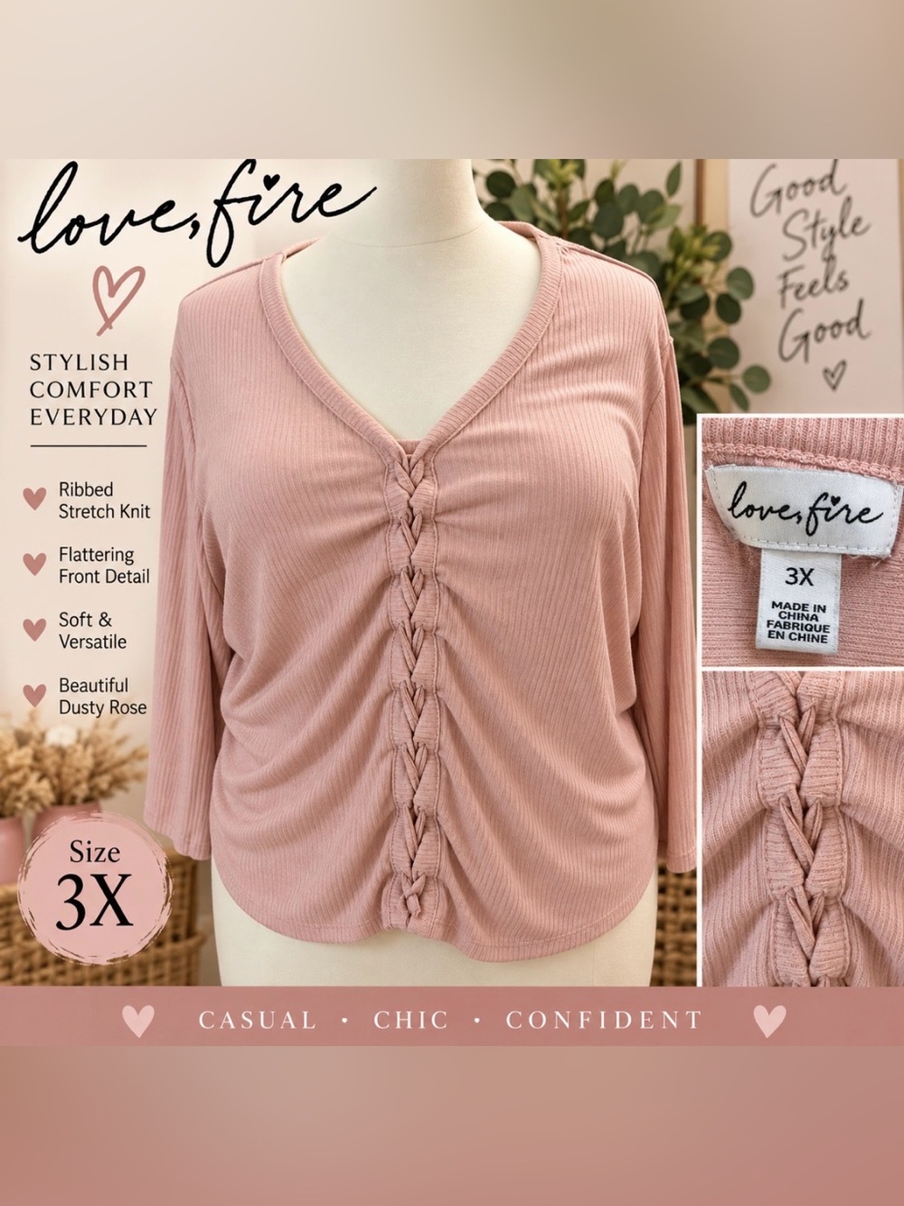 love, Fire - Dusty Pink Ribbed V-Neck Top with Braided Front - 3X